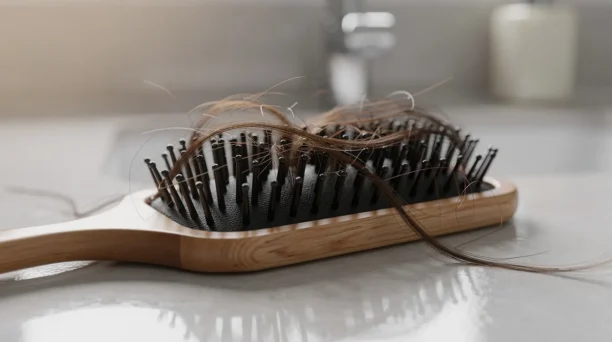 A close-up photograph shows a wooden hairbrush with loose strands of hair caught in its bristles, resting on a bathroom counter. This image highlights common hair shedding, which can be a concern for those experiencing hair loss or hair thinning, particularly when undergoing rapid weight loss or using certain weight loss medications.