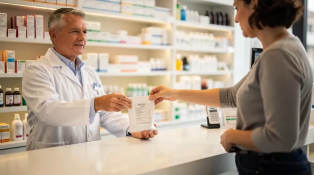 The image depicts a pharmacy counter where a pharmacist is handing a bag of prescription medications to a customer, highlighting the important services provided in the community for those in need of medical education and assistance. The interaction emphasizes the pharmacist's role in ensuring that families receive the necessary medications to support their health and well-being.
