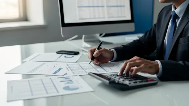 A person is sitting at a desk, focused on reviewing financial documents while using a calculator to assist in the process. The scene conveys a sense of responsibility and attention to detail, highlighting the importance of managing money effectively.