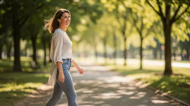 A woman walks confidently along a sunlit, tree-lined path, her hair gently blowing in the breeze, embodying a sense of relaxation. This serene outdoor scene highlights the importance of maintaining a balanced lifestyle, which can support healthy hair growth and overall well-being.