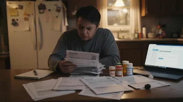 An individual is seated at a kitchen table, carefully reviewing medical bills alongside various prescription bottles. The scene reflects the challenges families face in managing healthcare costs and understanding their medical education and benefits.