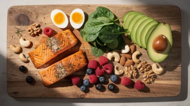 An overhead photograph showcases a vibrant array of nutrient-rich foods, including salmon fillets, eggs, spinach, avocado, nuts, and berries, beautifully arranged on a wooden cutting board. This balanced diet can support healthy hair growth and may help manage the side effects associated with weight loss treatments.