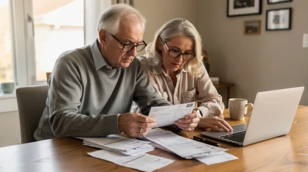 An older couple sits closely together at a dining table, reviewing paperwork with focused expressions. The scene captures their commitment to planning for their future, possibly discussing important topics like retirement benefits and medical education.