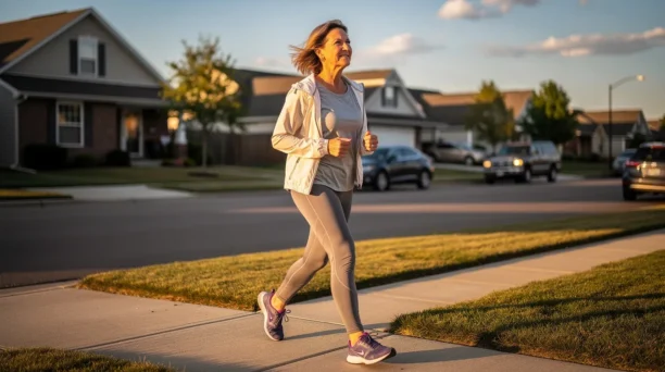 A woman in her late forties is enjoying a morning walk on a sunny neighborhood sidewalk, embodying an active lifestyle that can help manage menopause symptoms such as weight gain and mood swings. The bright surroundings reflect a positive approach to maintaining metabolic health during the menopause transition.