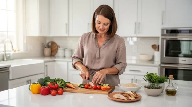 A middle-aged woman is preparing a healthy meal in a bright, modern kitchen, surrounded by fresh vegetables and lean protein, highlighting the importance of balanced nutrition for weight management during menopause. This scene reflects a proactive approach to addressing menopause symptoms and promoting metabolic health.