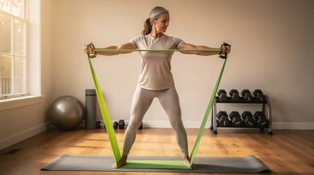 The image shows a woman in her fifties engaging in resistance band exercises in a home gym, focusing on maintaining her fitness during menopause. This activity supports weight management and can help counteract menopause weight gain, contributing to her overall metabolic health.