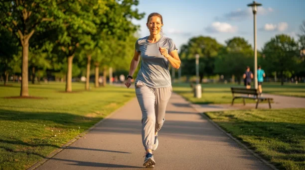 A woman in her late 40s is walking briskly through a sunny park, dressed in comfortable athletic clothing, reflecting an active lifestyle that can help manage menopausal symptoms and support weight loss. This scene highlights the importance of physical activity for women's health during the menopause transition.