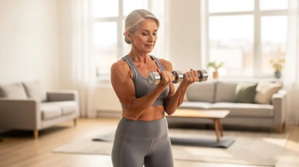 A woman in her 50s is engaged in resistance training using light dumbbells in a bright, inviting home environment, promoting physical activity as a key component of weight management and overall women's health during menopause. This exercise can help address menopausal symptoms such as weight gain and support muscle mass maintenance.