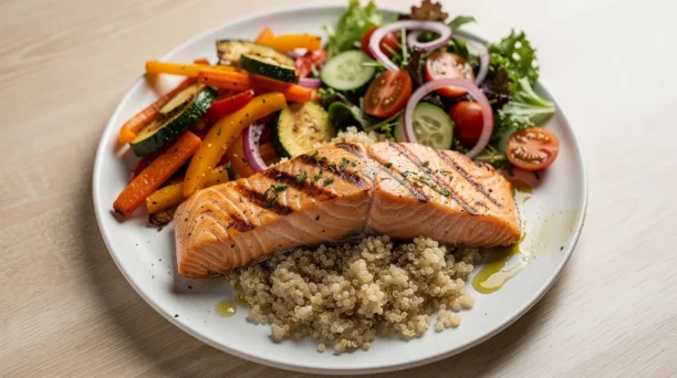 A vibrant plate features grilled salmon, colorful roasted vegetables, fluffy quinoa, and a fresh side salad, representing a balanced meal that can support weight management and overall women's health during menopause. This nutritious combination may help in addressing menopausal symptoms and promoting energy levels.