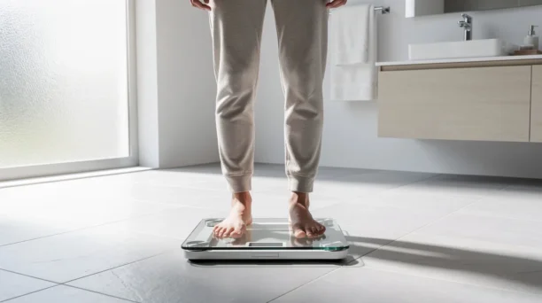 The image shows a person standing on bathroom scales in a bright, modern bathroom, indicating their body weight as part of their weight loss journey. This setting reflects an environment conducive to weight management and healthy lifestyle choices.