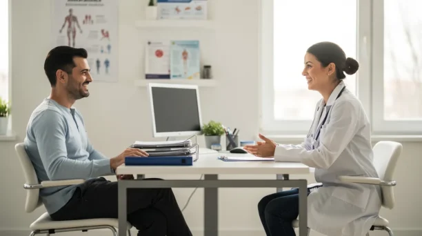 The image depicts a patient engaged in a friendly conversation with a doctor in a bright and welcoming clinic consultation room. The atmosphere suggests a supportive environment for discussing topics such as weight loss treatments and weight management strategies.