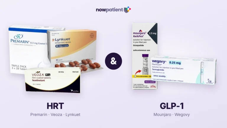 HRT and GLP-1 medications for menopause weight loss, showing Premarin, Veoza and Lynkuet alongside Mounjaro and Wegovy pens