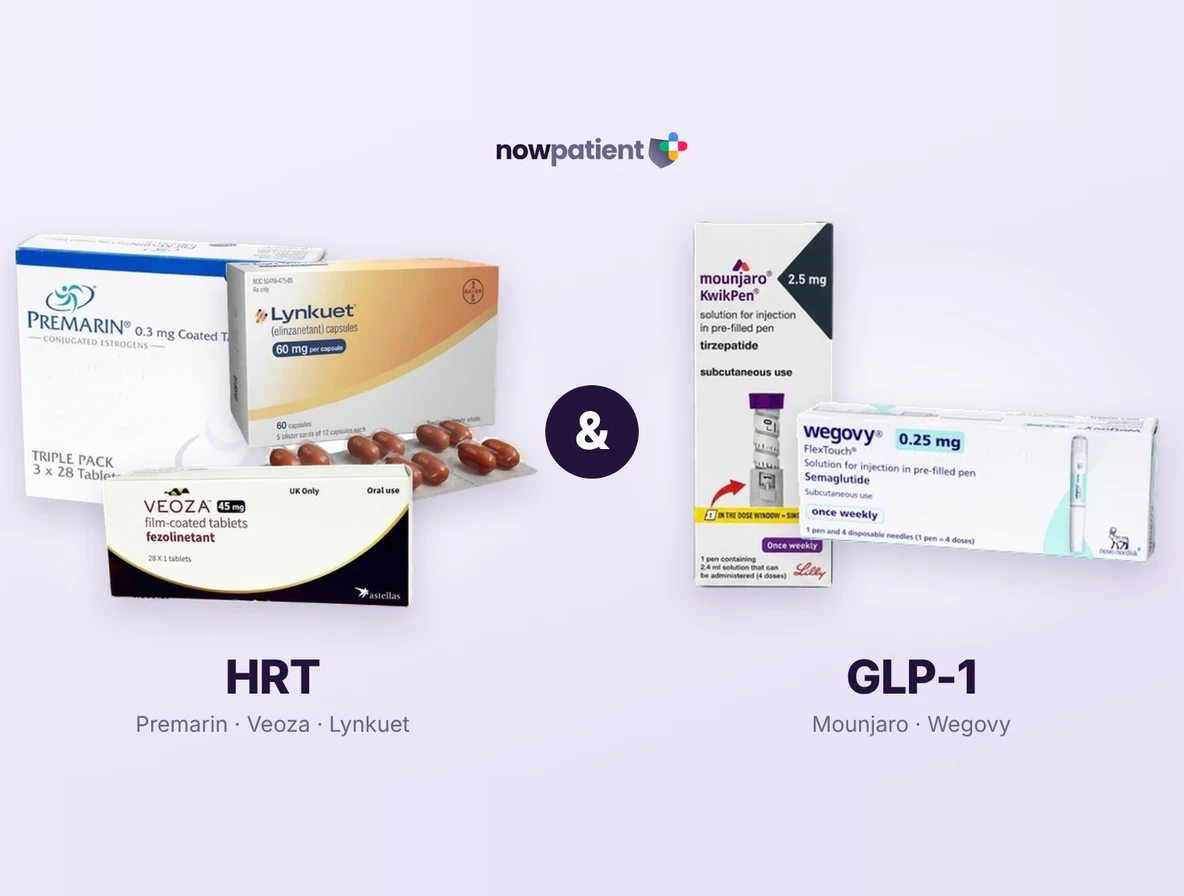 HRT and GLP-1 weight loss treatments for menopause, showing Premarin, Veoza and Lynkuet alongside Mounjaro and Wegovy injection pens